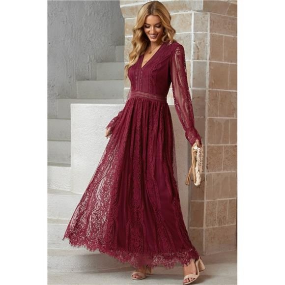 Women's Scalloped Hem Flounce Sleeve Lace V-Neck Maxi Dress - Picture 7 of 9